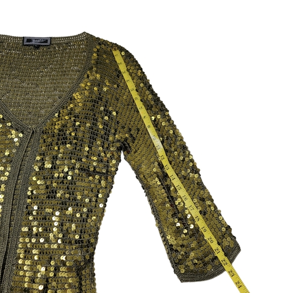 Zashi Sparkling Khaki Green/Gold Sequined Cardigan Top Sz L - Picture 6 of 9